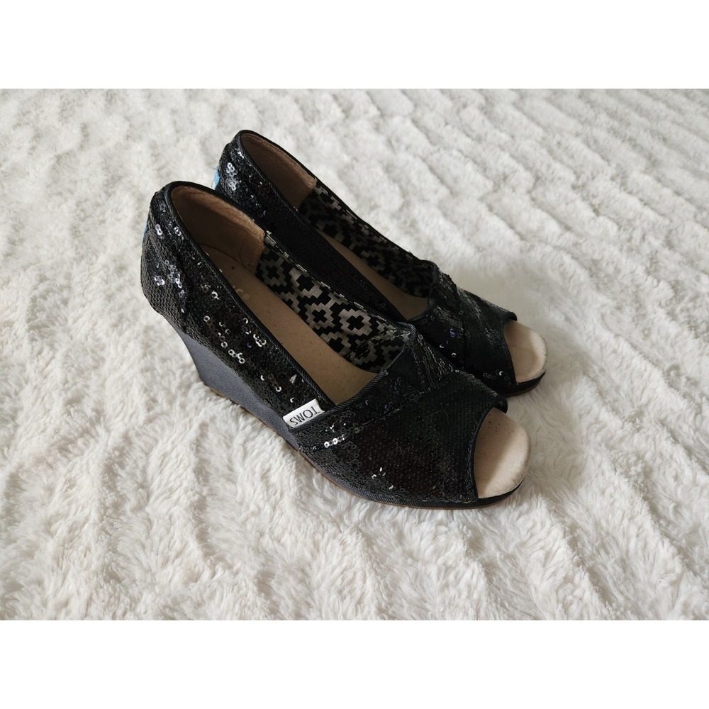 Toms Sequin Michelle Wedge Sandal Heels Black Heel Size 6